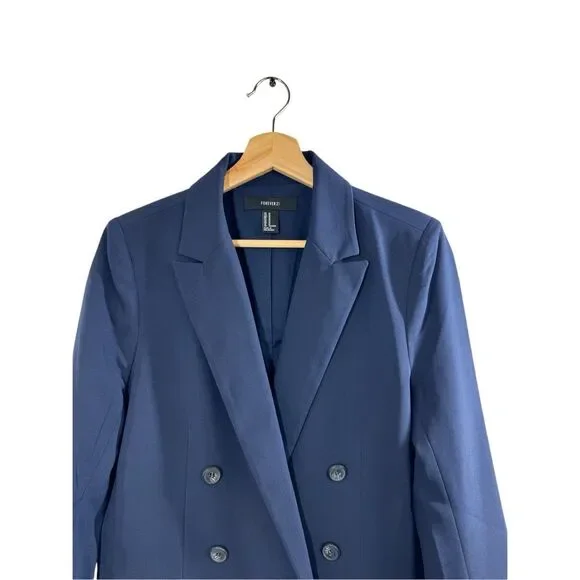 Forever 21 Blue Long Sleeve Blazer Size M Double Breasted Collared Career Formal - Picture 2 of 11